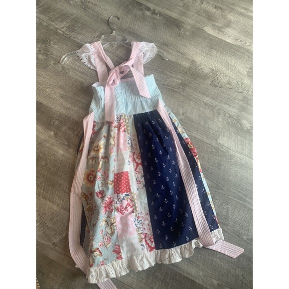 Girls Handmade Twirl Knit Dress Multi Fabric Size 8 Dress Tie Back Cap Sleeves - Picture 9 of 9